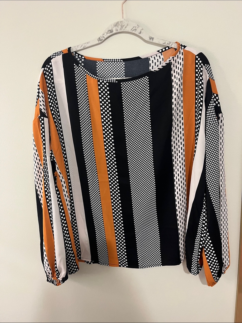Women's Long-Sleeve Striped Blouse in Black, White & Orange